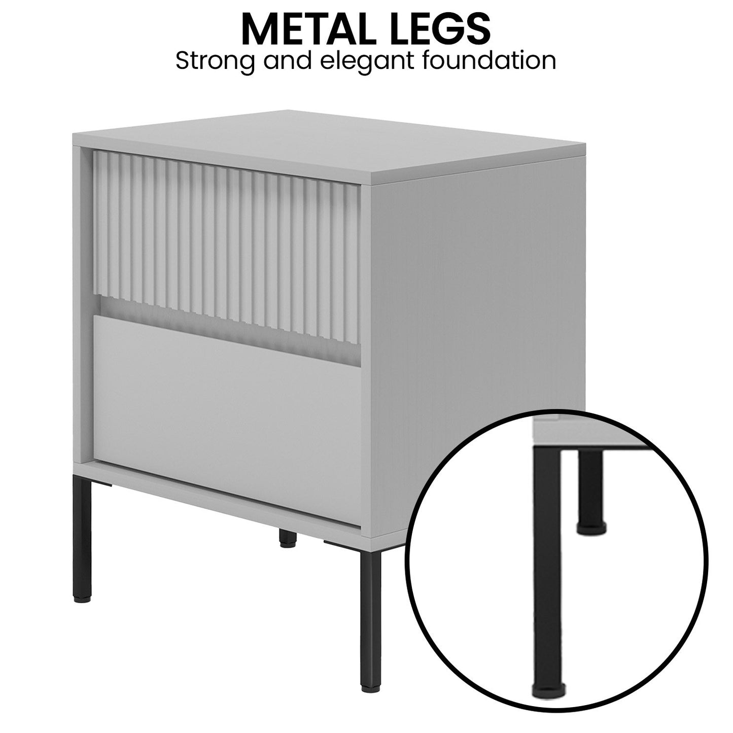 Sarantino Hans Fluted 2-Drawer Bedside Table in Grey