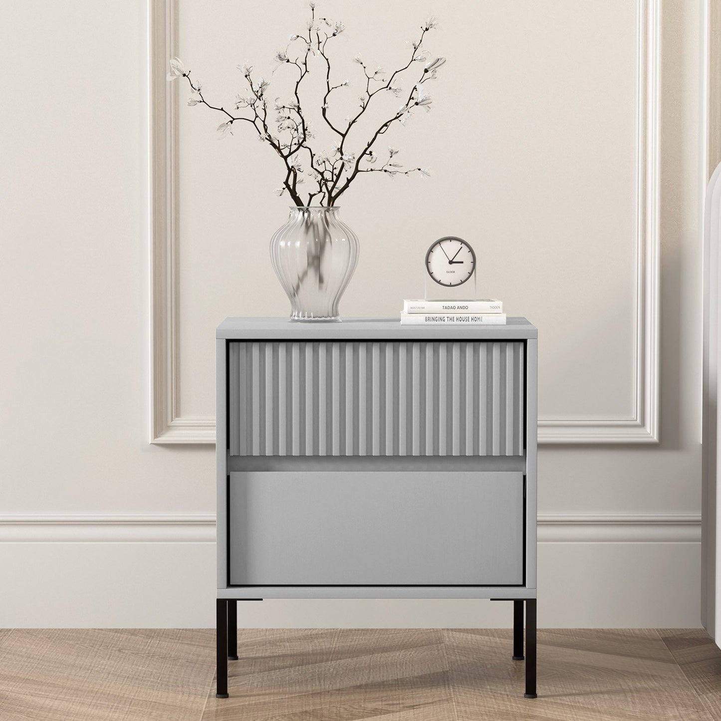 Sarantino Hans Fluted 2-Drawer Bedside Table in Grey