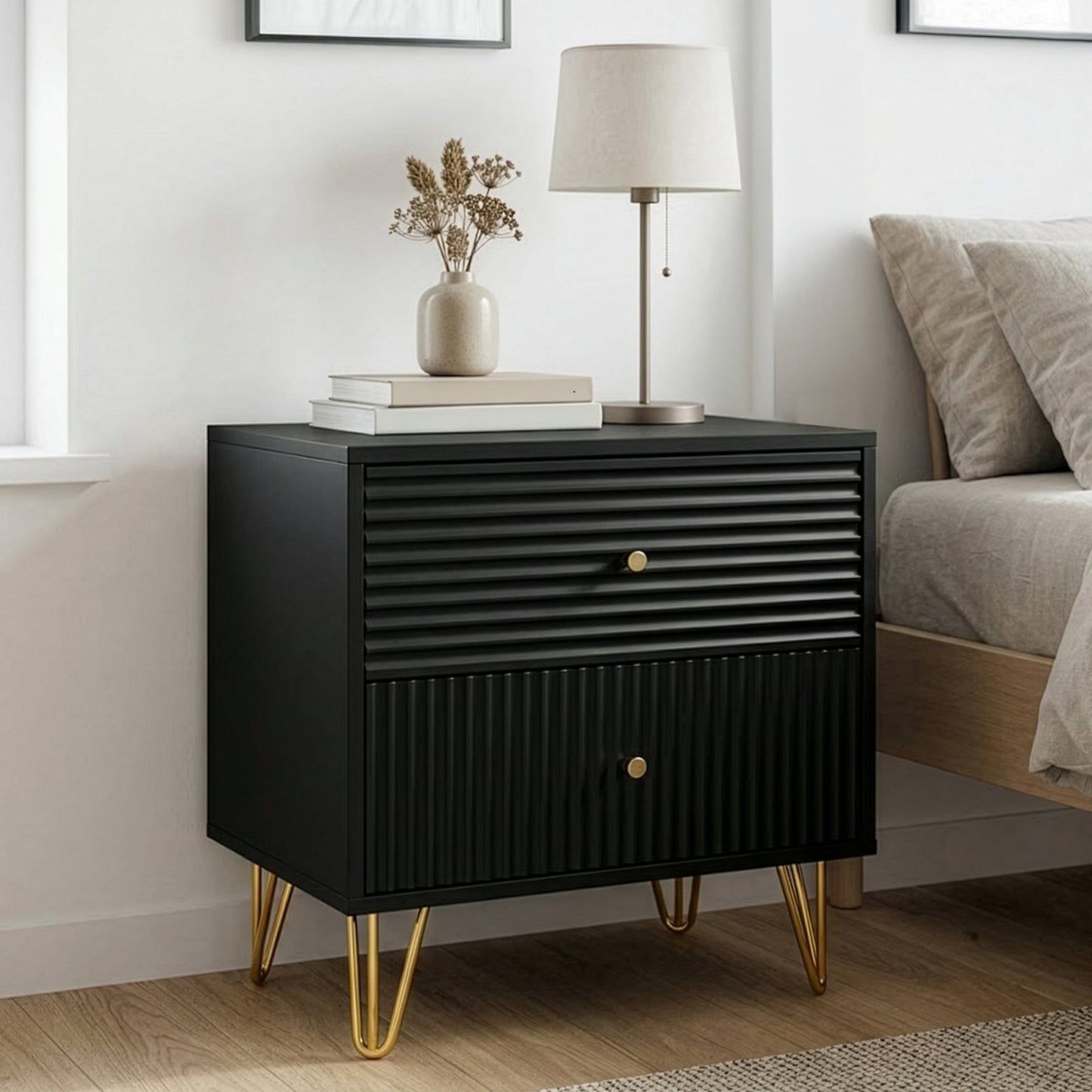 Sarantino Diego Bedside Table Night Stand with 2 Drawers - Black