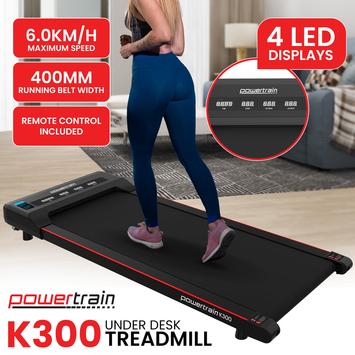 Powertrain K300 Under Desk Treadmill Portable Electric Walking Pad Jogging Machine with Remote Control & LED Display