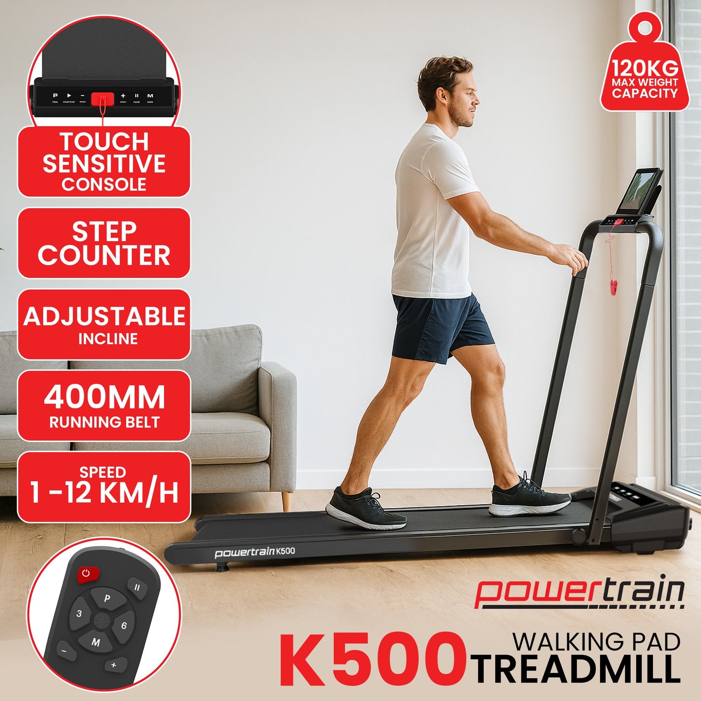 Powertrain K500 Walking Pad Treadmill 2 in 1 Foldable Walking & Running Machine w/2.5HP Motor Dual LED Displays 2 Level