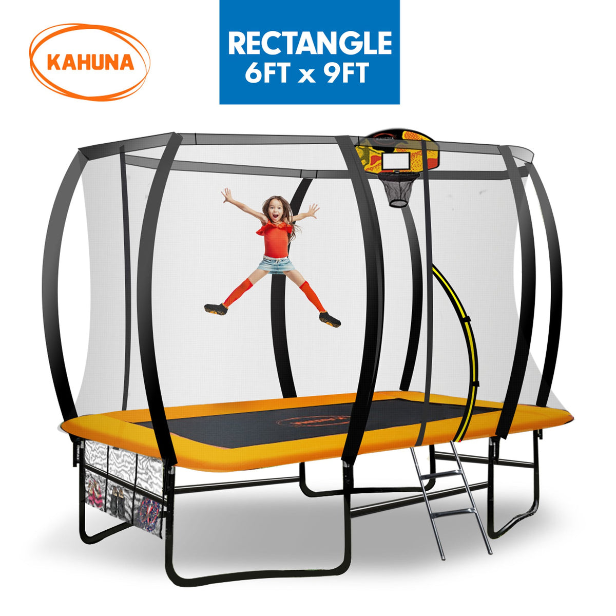 Kahuna 6 ft x 9 ft Rectangular Outdoor Trampoline with Basketball Set - Orange