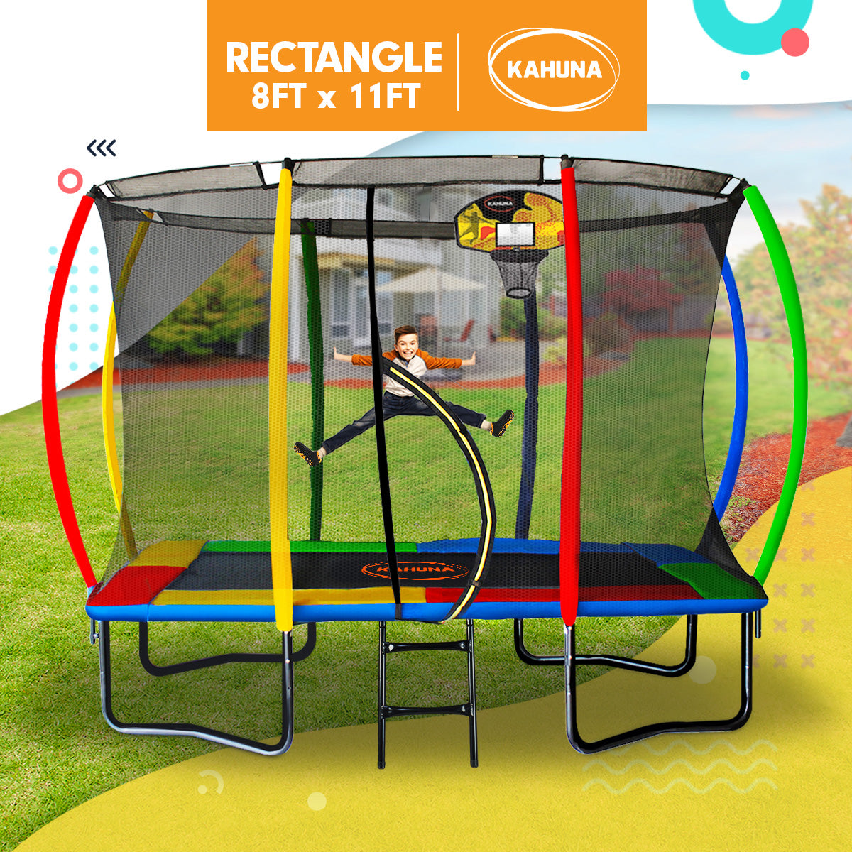 Kahuna Trampoline 8 ft x 11 ft Outdoor Rectangular Rainbow with Basketball Set