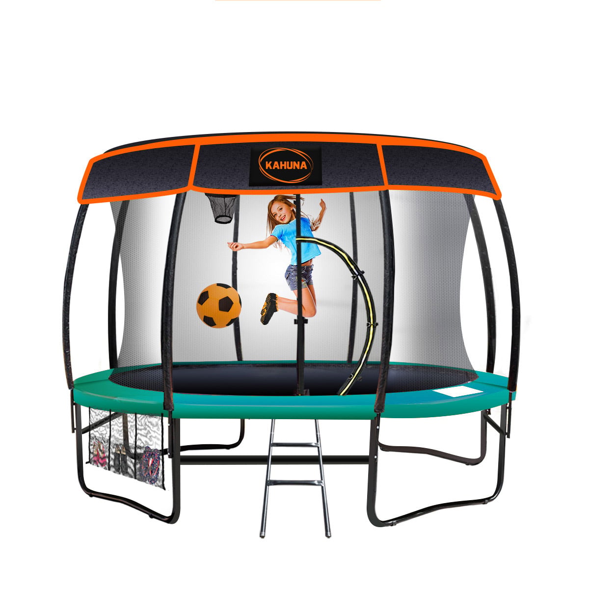 Kahuna Trampoline 10 ft with Basketball Set and Roof - Green