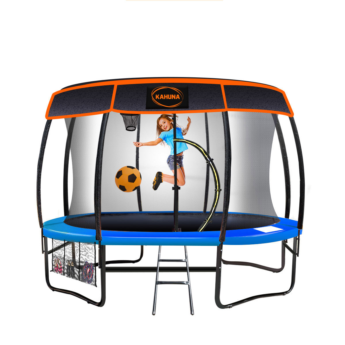 Kahuna Trampoline 12 ft with Basketball Set and Roof - Blue