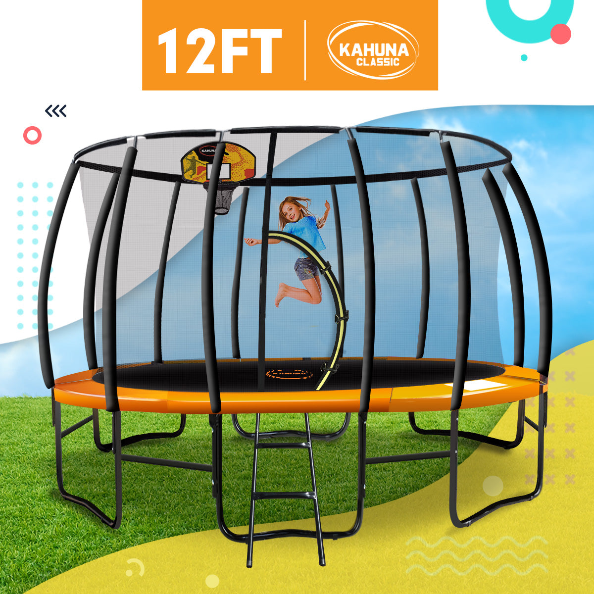 Kahuna Trampoline 12 ft with Basketball Set - Orange