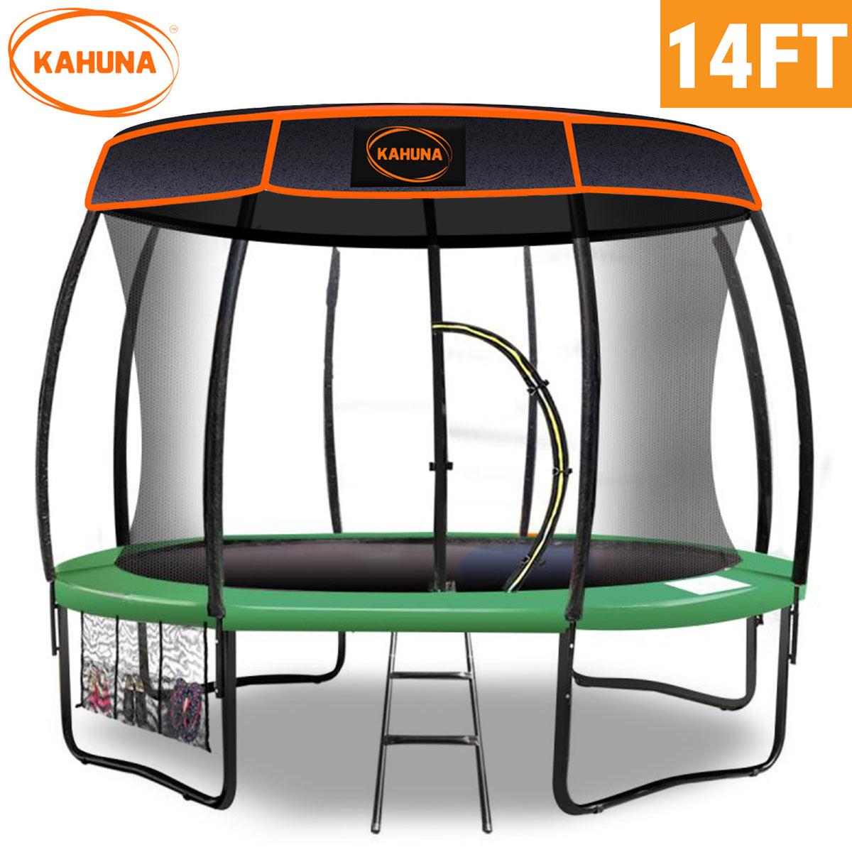 Kahuna Trampoline 14 ft with Basketball Set Roof - Green