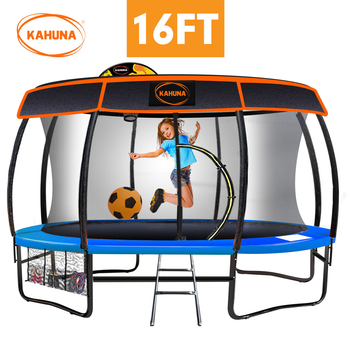 Kahuna Trampoline 16 ft with Basketball Set and Roof - Blue