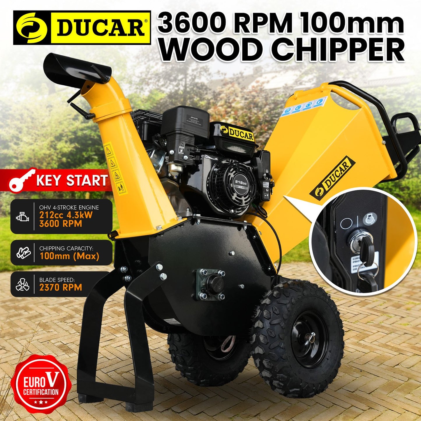 Ducar 70P 3600 RPM Wood Chipper with E-Start Shredder Mulcher Grinder Yellow Black