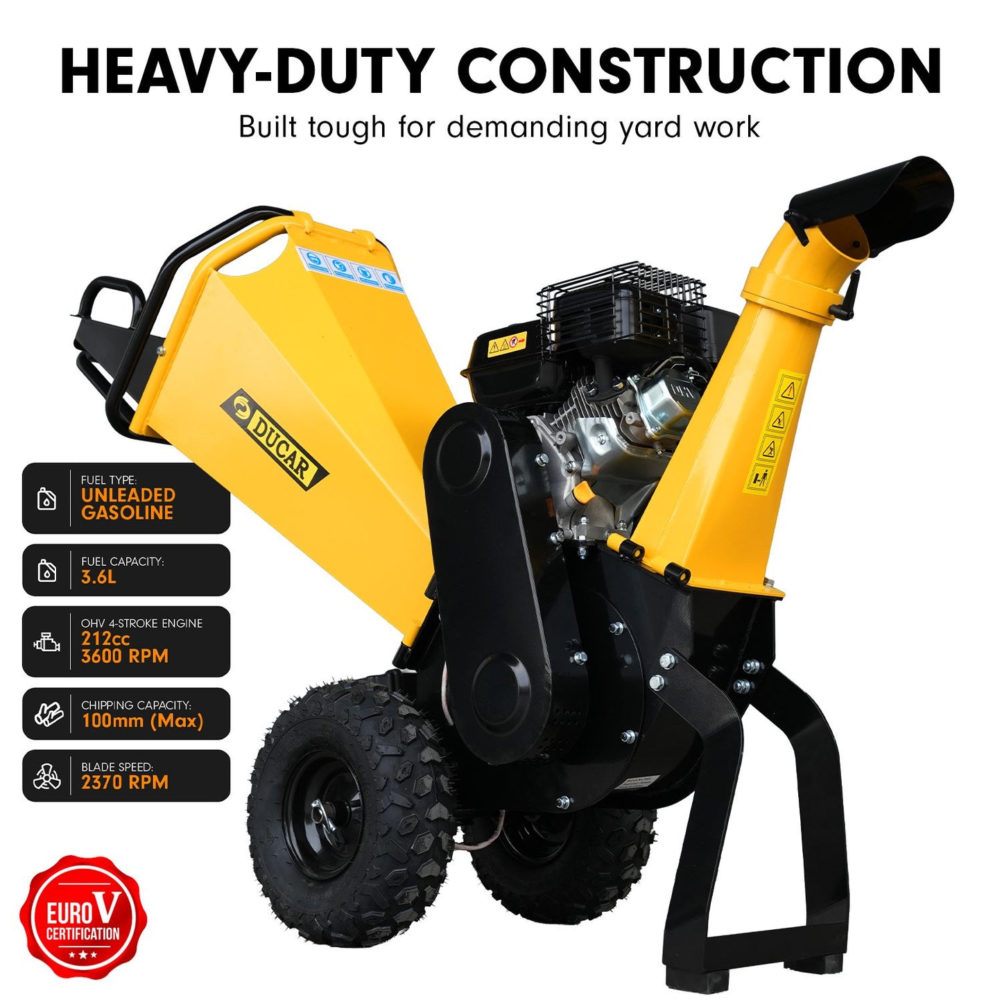 Ducar 70P 3600 RPM Wood Chipper with E-Start Shredder Mulcher Grinder Yellow Black