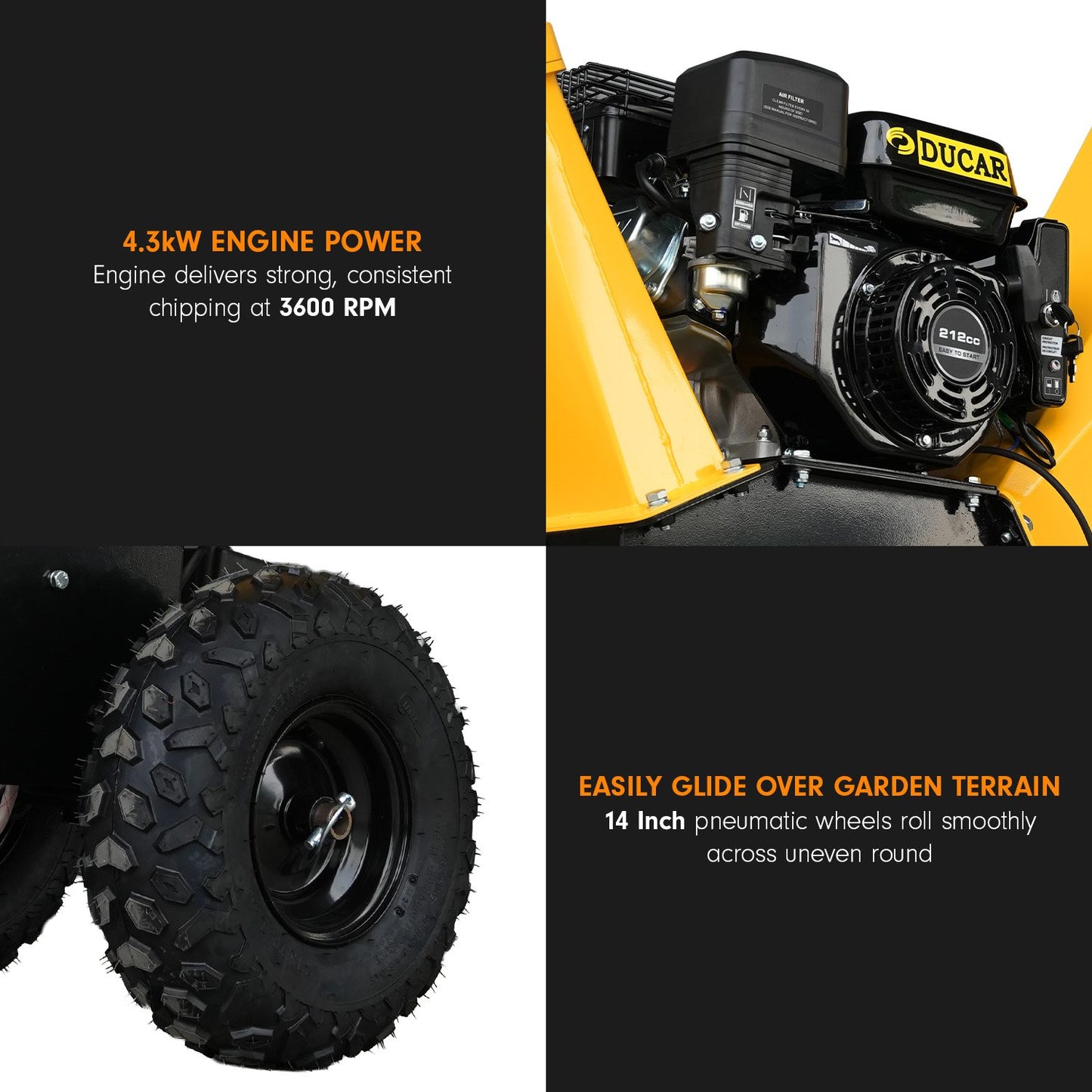 Ducar 70P 3600 RPM Wood Chipper with E-Start Shredder Mulcher Grinder Yellow Black