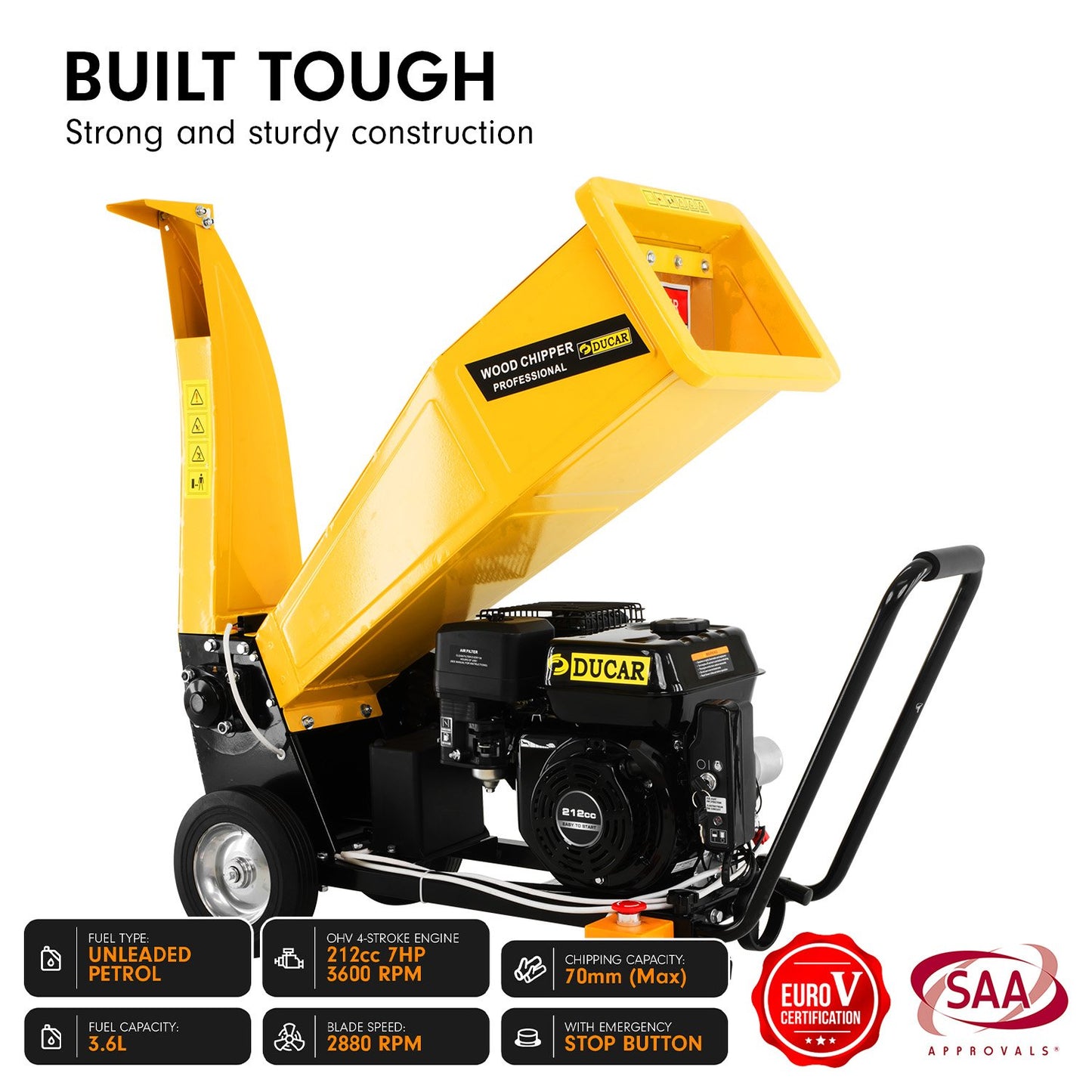 Ducar D70 7HP Wood Chipper Shredder Mulcher Grinder Petrol and Electric Start in Yellow
