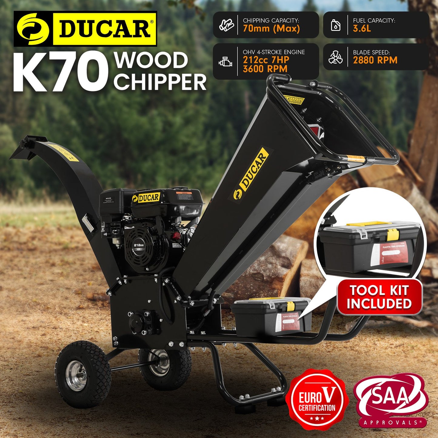 Ducar K70 7HP Wood Chipper Shredder Mulcher Grinder in Black