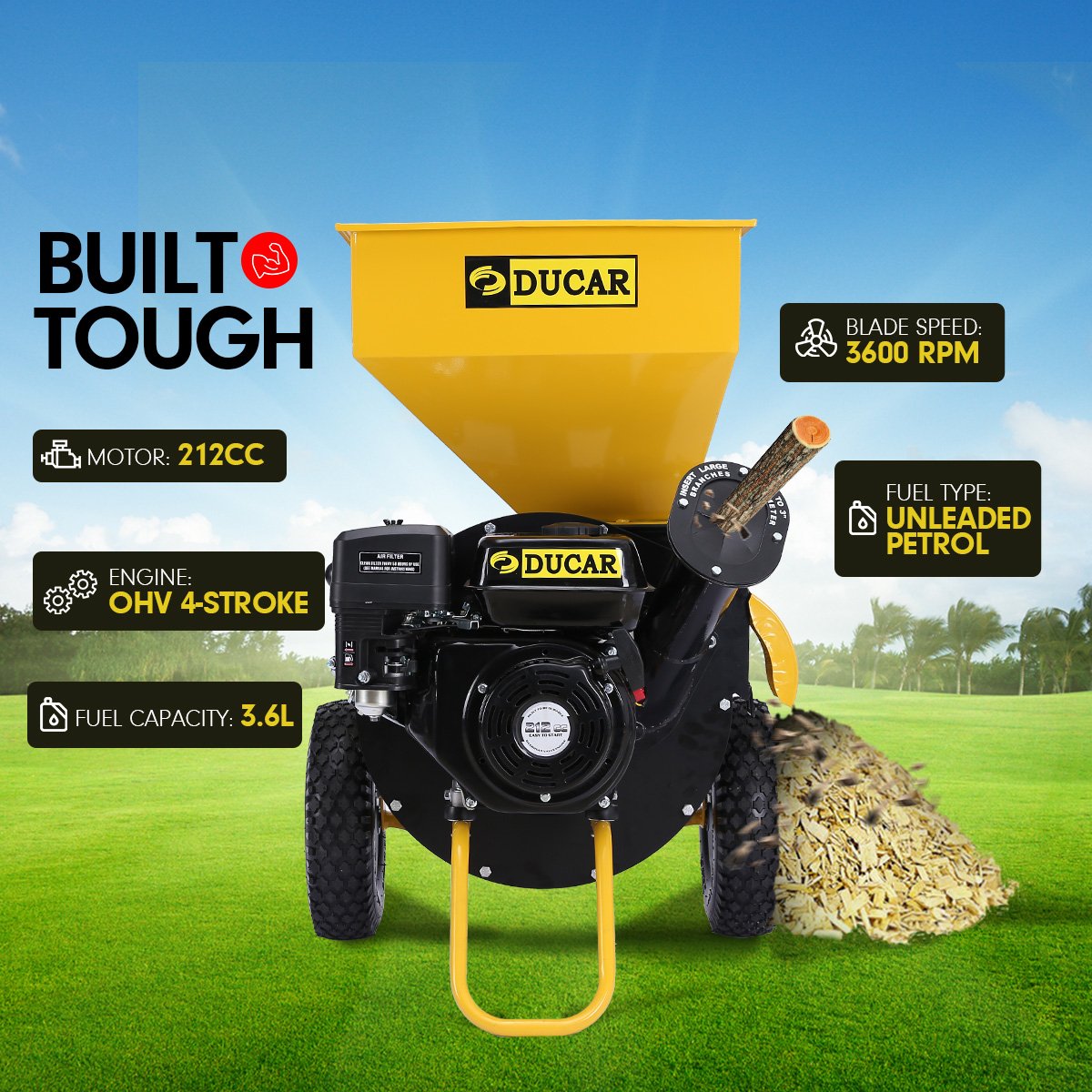 Ducar 7HP Wood Chipper Shredder Mulcher Grinder Petrol Yellow Black