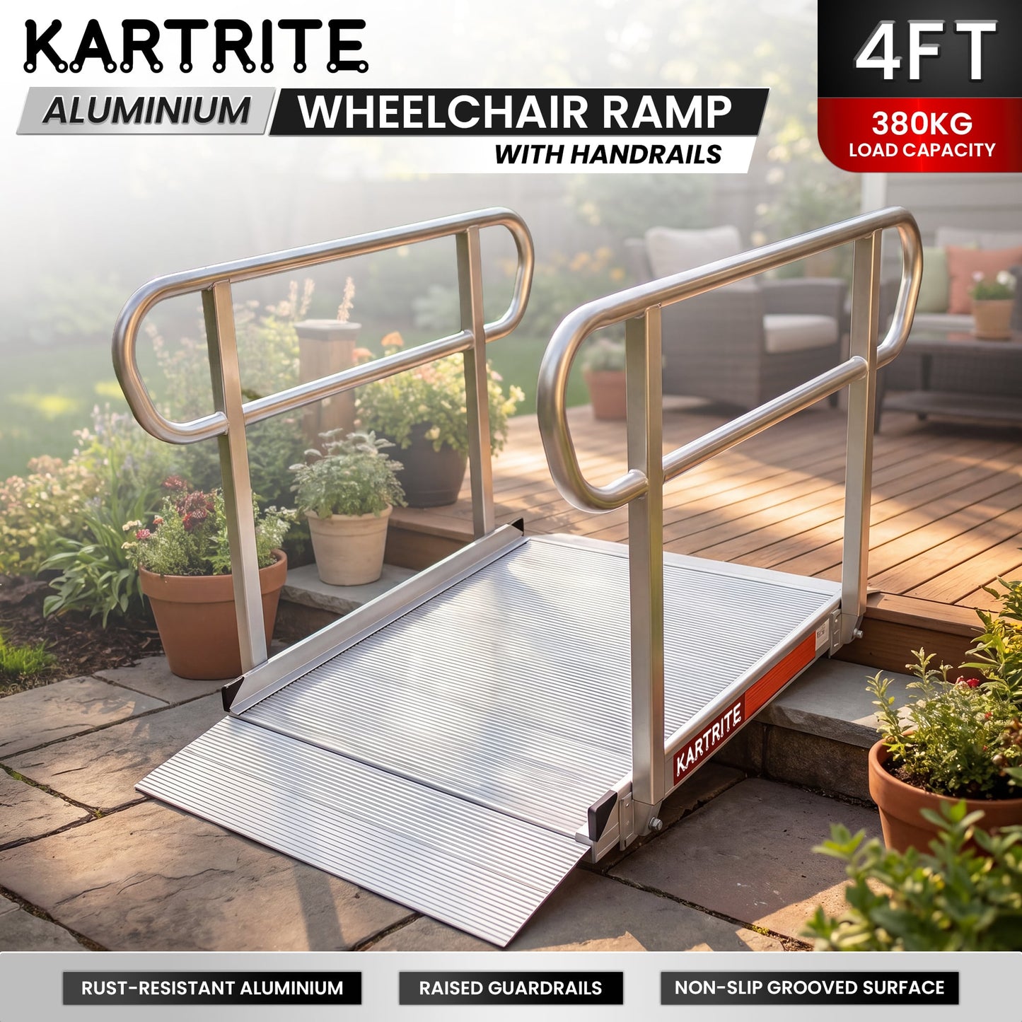 Kartrite 4ft Aluminium Wheelchair Ramp w/ Handrails 380kg Capacity 93.5cm Width