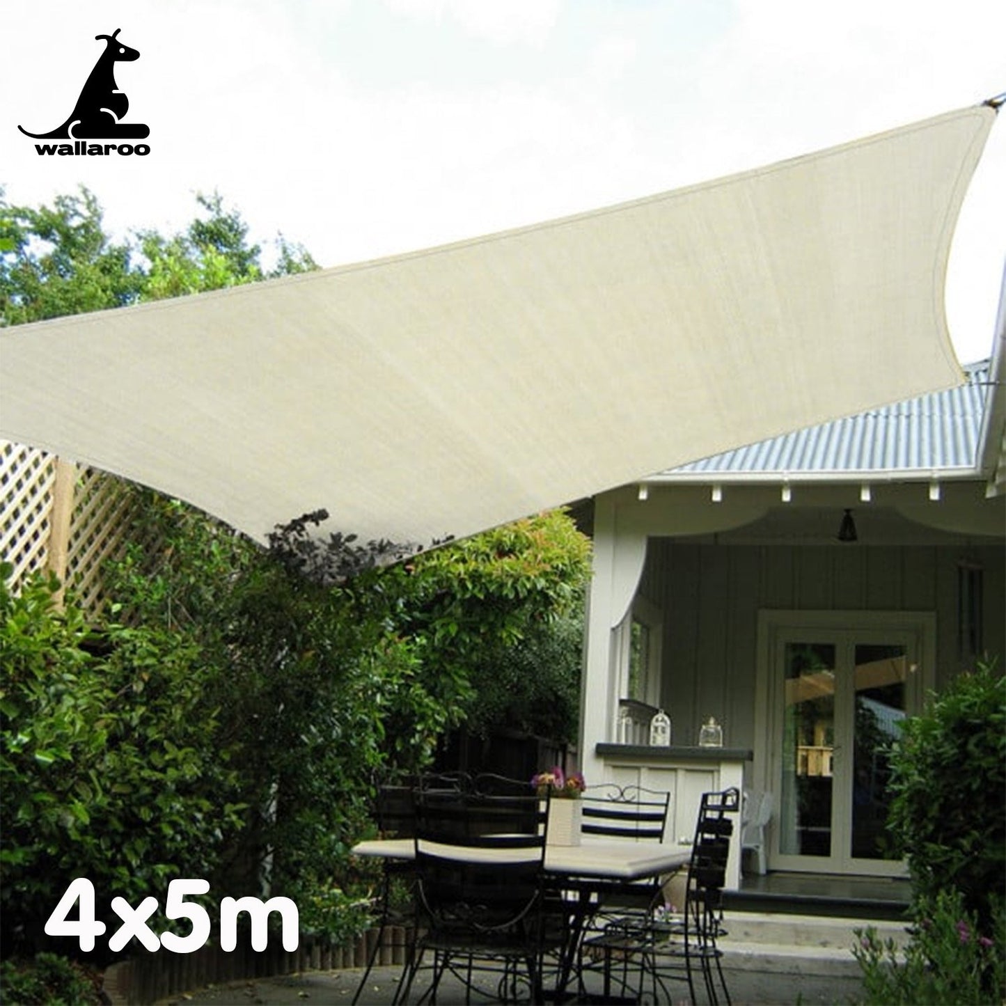 Wallaroo Waterproof 160GSM Outdoor Sun Shade Sail Canopy Cream 4 x 5m
