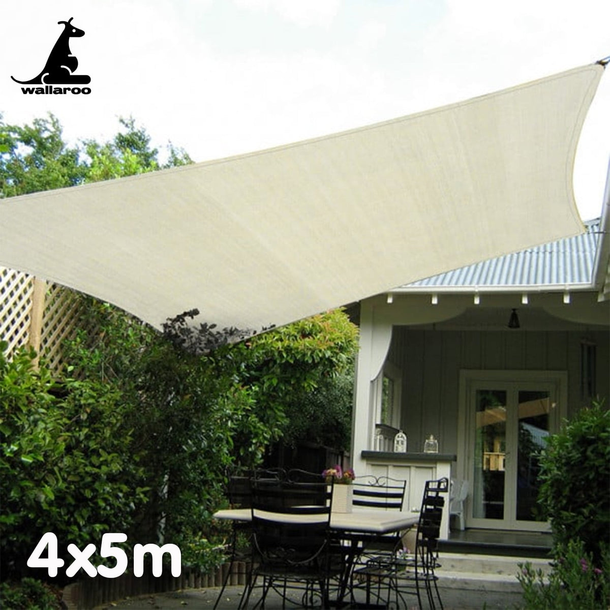 Wallaroo Waterproof 160GSM Outdoor Sun Shade Sail Canopy Cream 4 x 5m