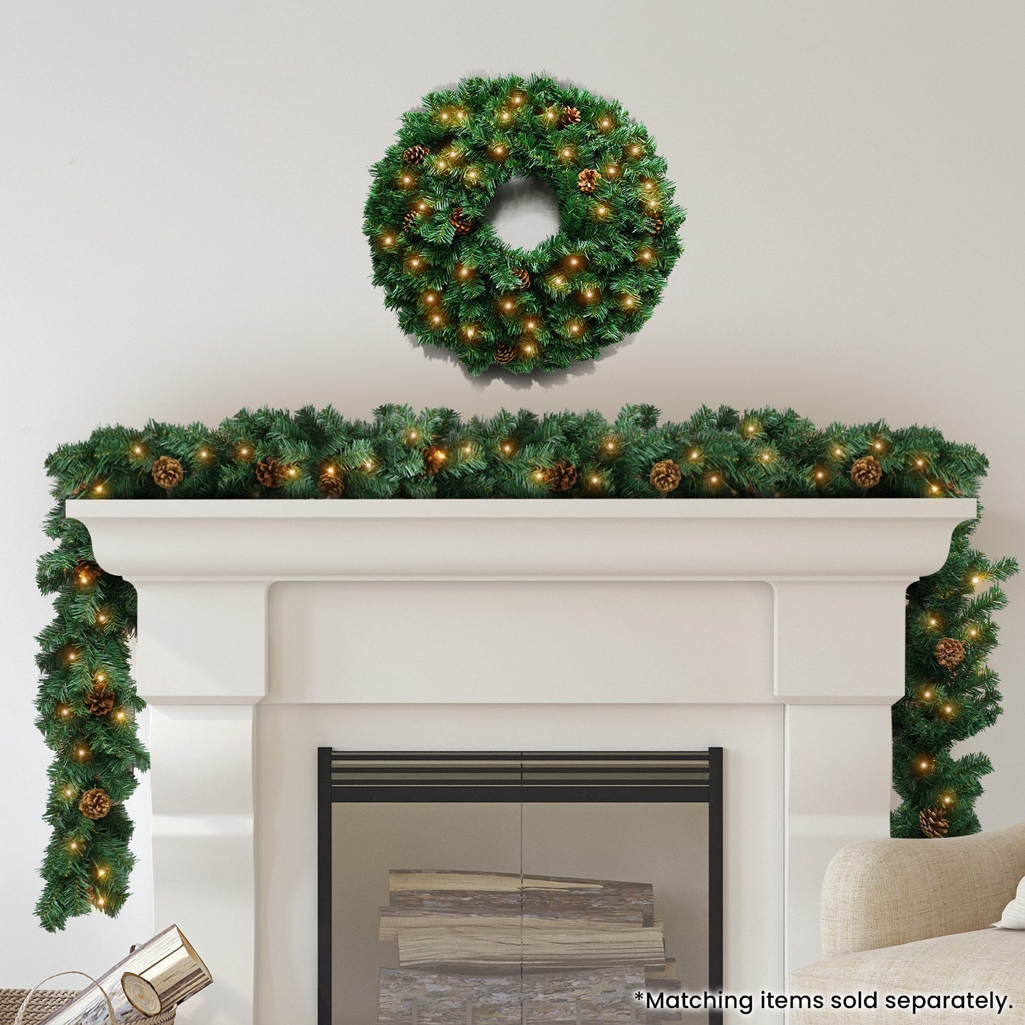 Christabelle 61cm Christmas Wreath Yuletide Glow with Pine Cones and LED Lights Front Door Decoration