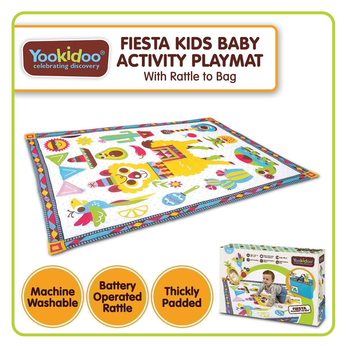 Yookidoo Fiesta Kids Baby Activity Playmat to Bag with Musical Rattle