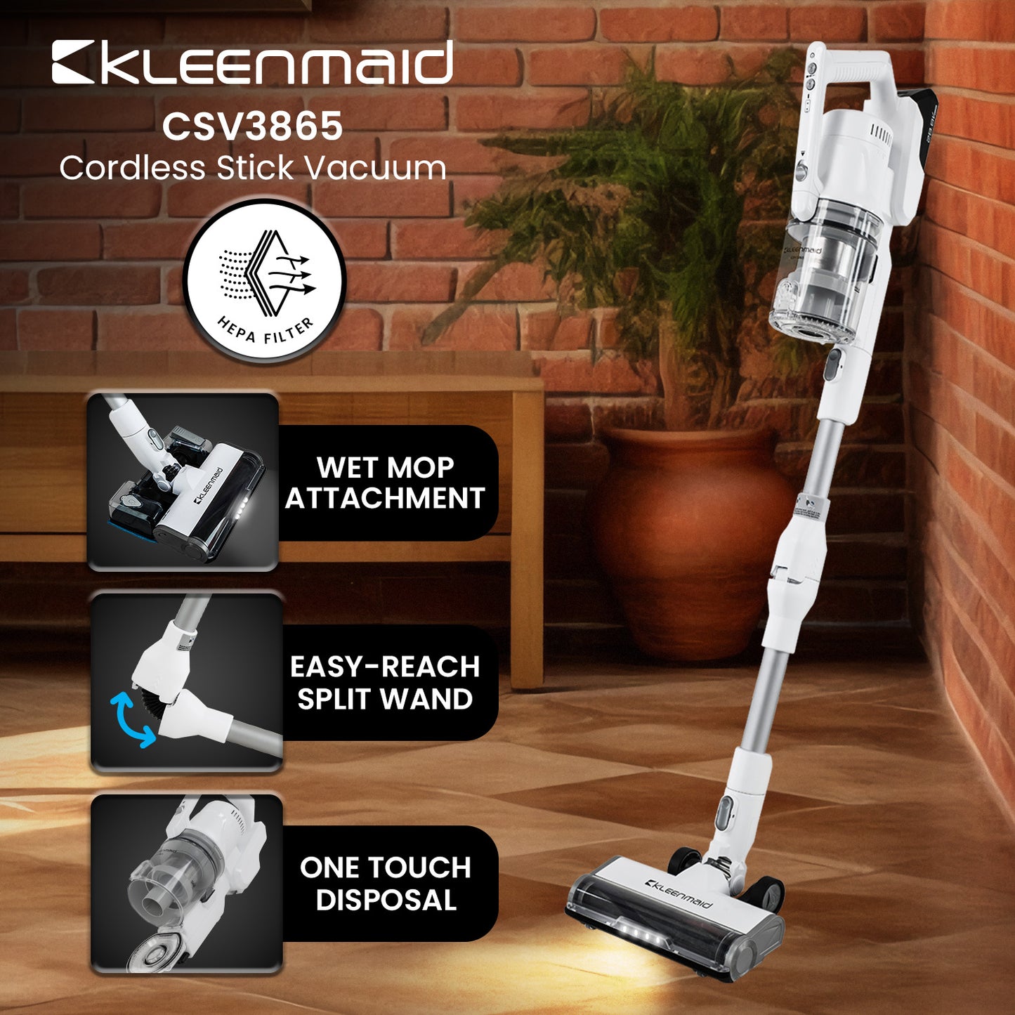 Kleenmaid Cordless Stick Vacuum Cleaner Split Wand Wet Mop CSV 3865