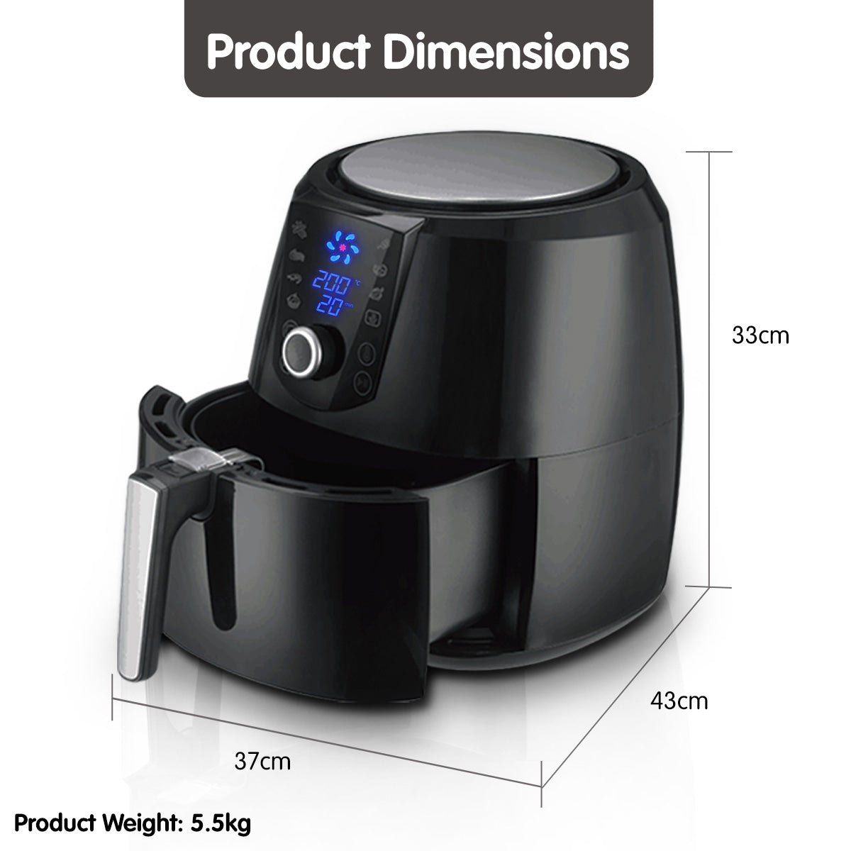 Pronti 7.2L 1800W Air Fryer Cooker Kitchen Oven Black