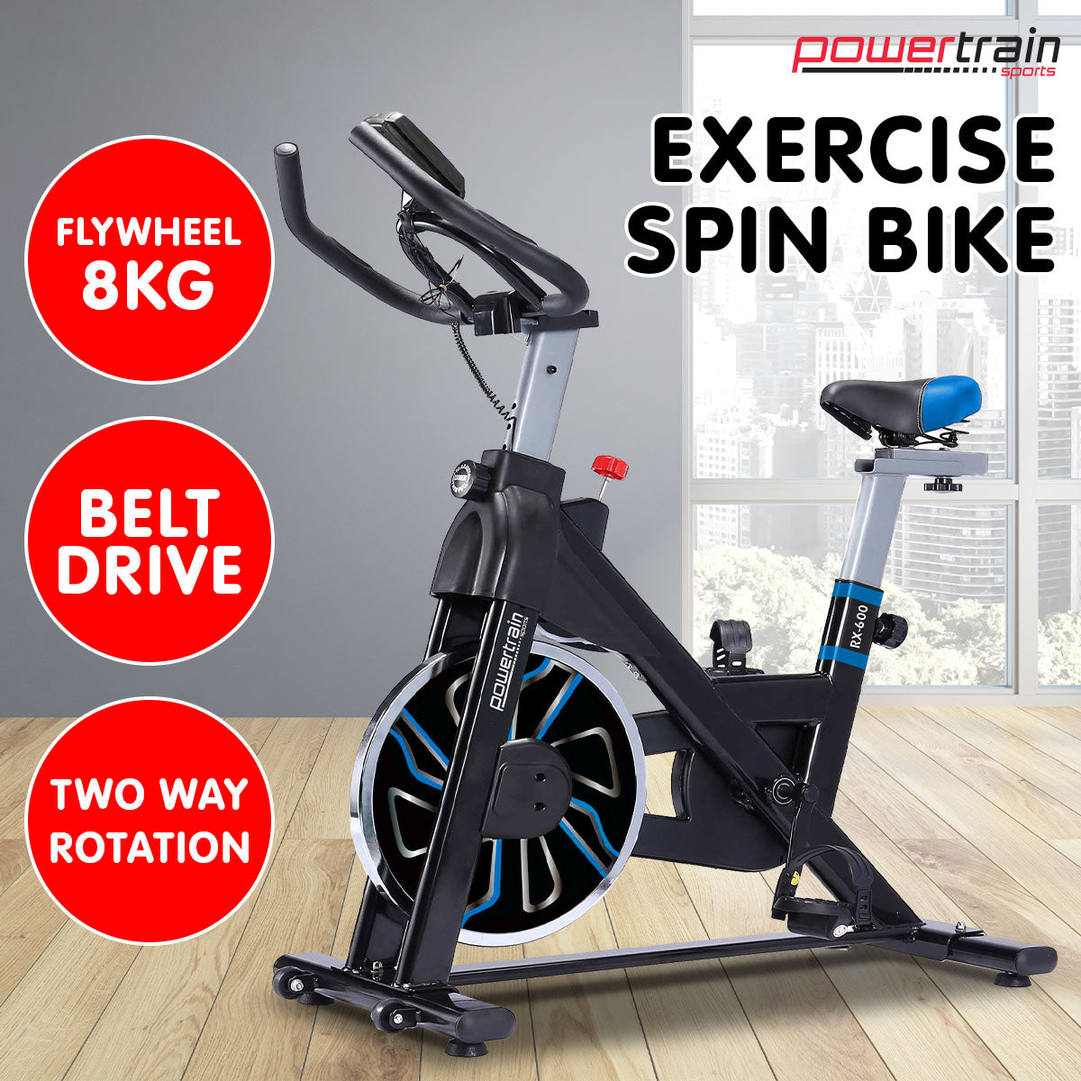 PowerTrain RX-600 Exercise Spin Bike Cardio Cycle - Blue