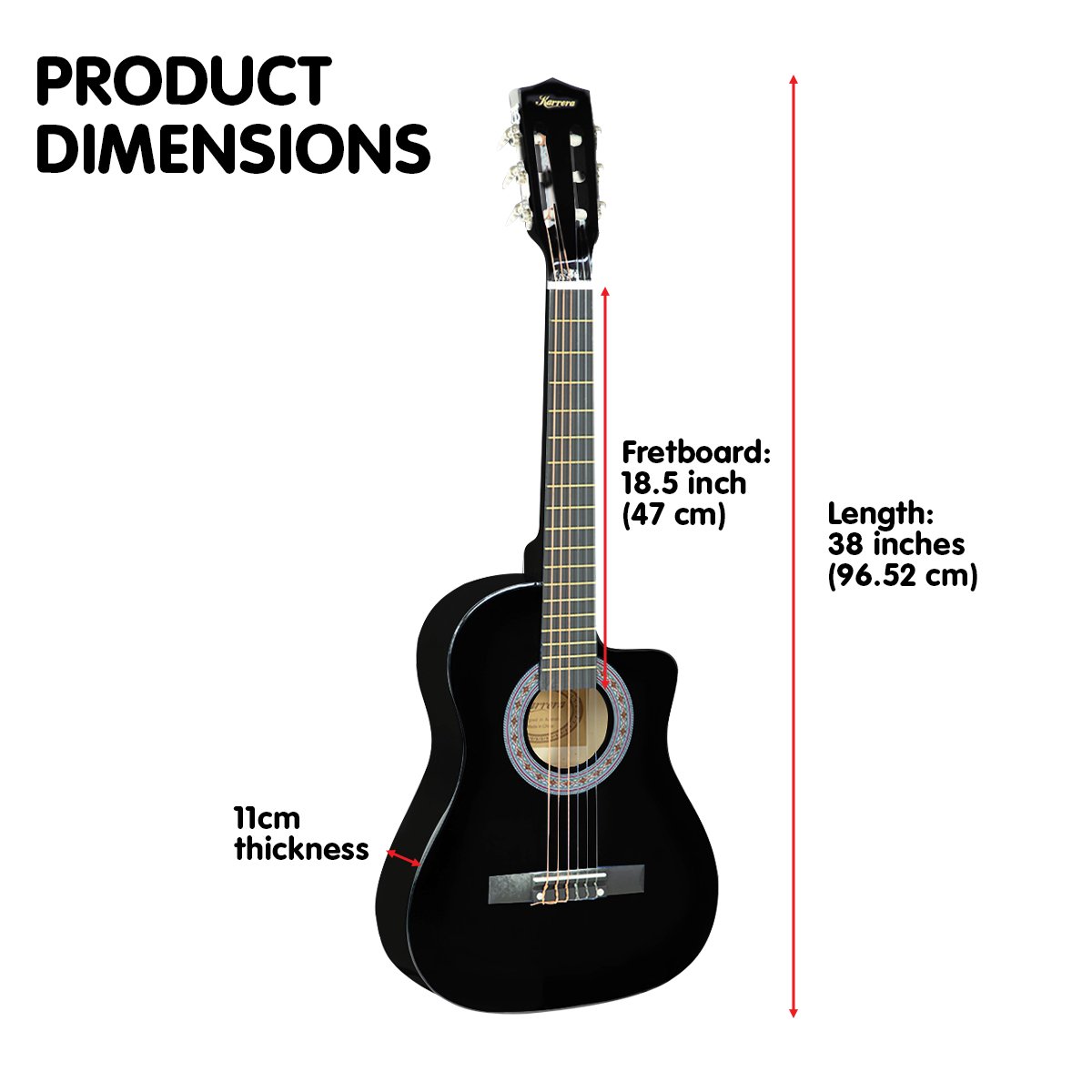 Karrera 38in Acoustic Guitar with Pick Guard Steel String Bag - Black
