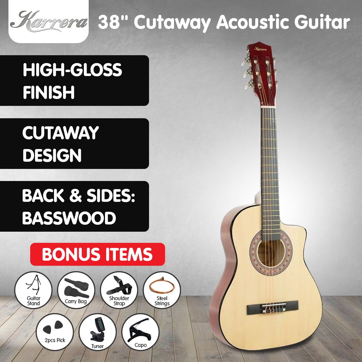 38in Pro Cutaway Acoustic Guitar with guitar bag - Natural