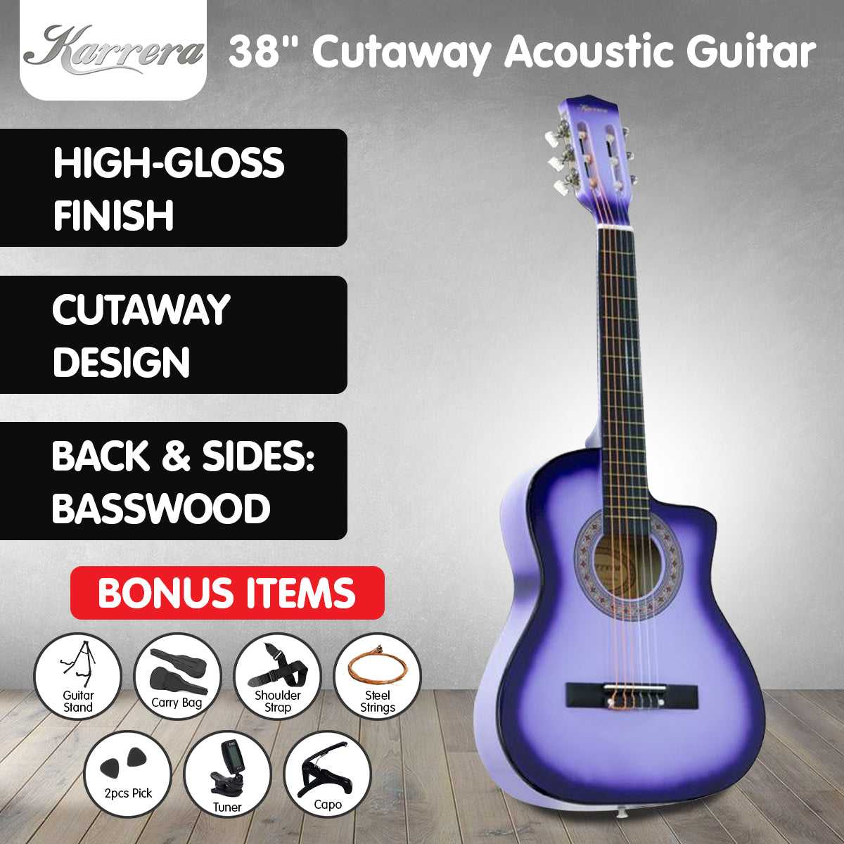 38in Pro Cutaway Acoustic Guitar with guitar bag - Purple Burst