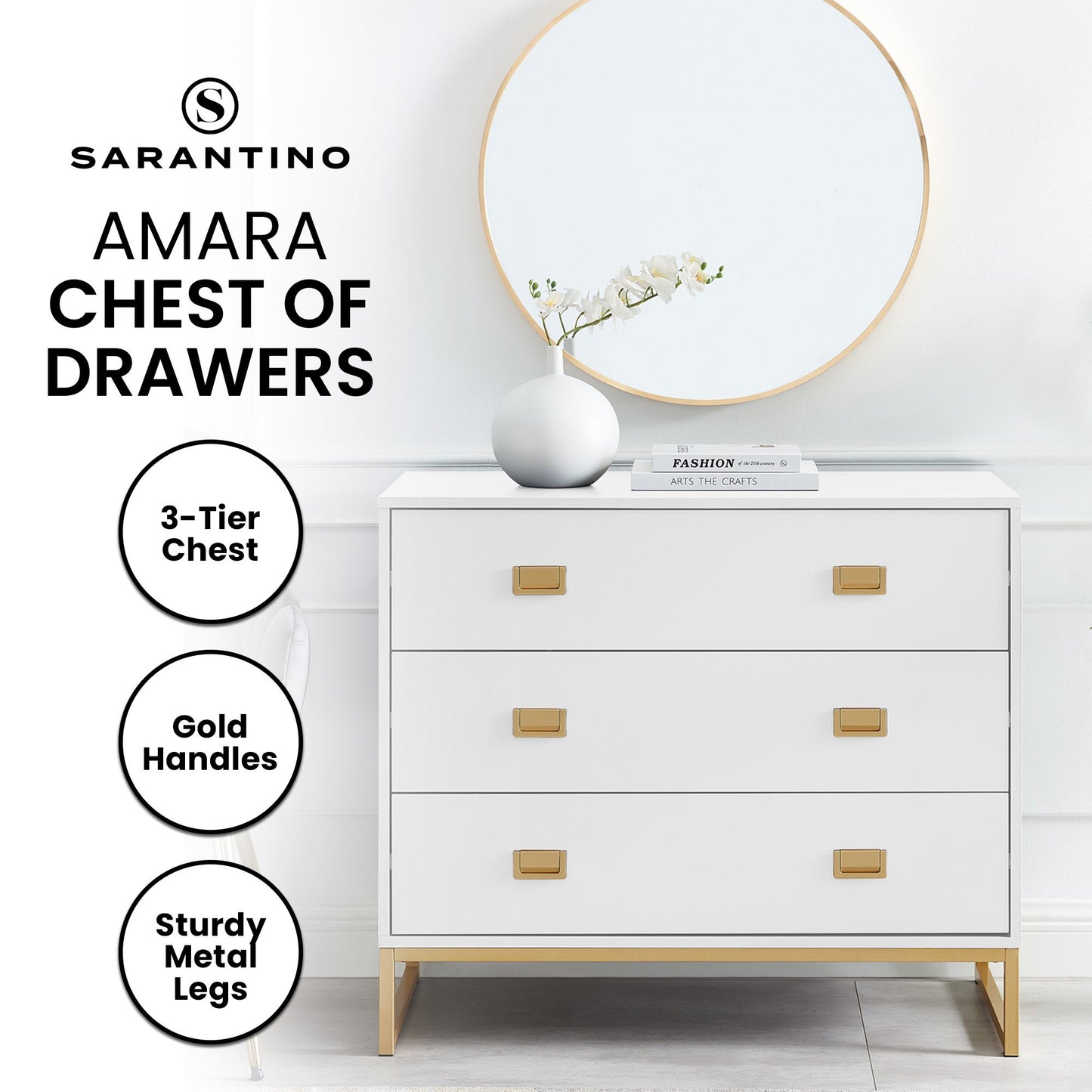 Sarantino Amara Chest of Drawers Tallboy Dresser - White/Gold