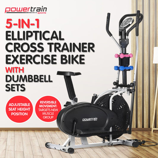 Powertrain 5-in-1 Elliptical Cross Trainer Bike with Dumbbell Sets