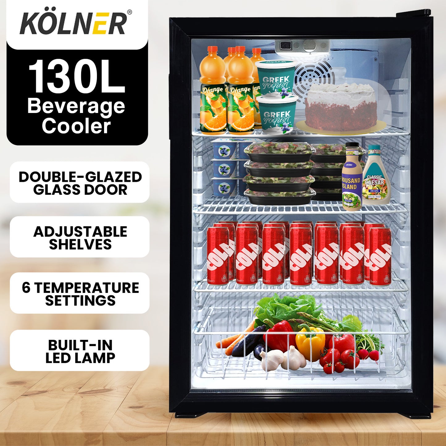 Kolner 130L Mini Bar Fridge Glass Door Beverage Cooler Refrigerator