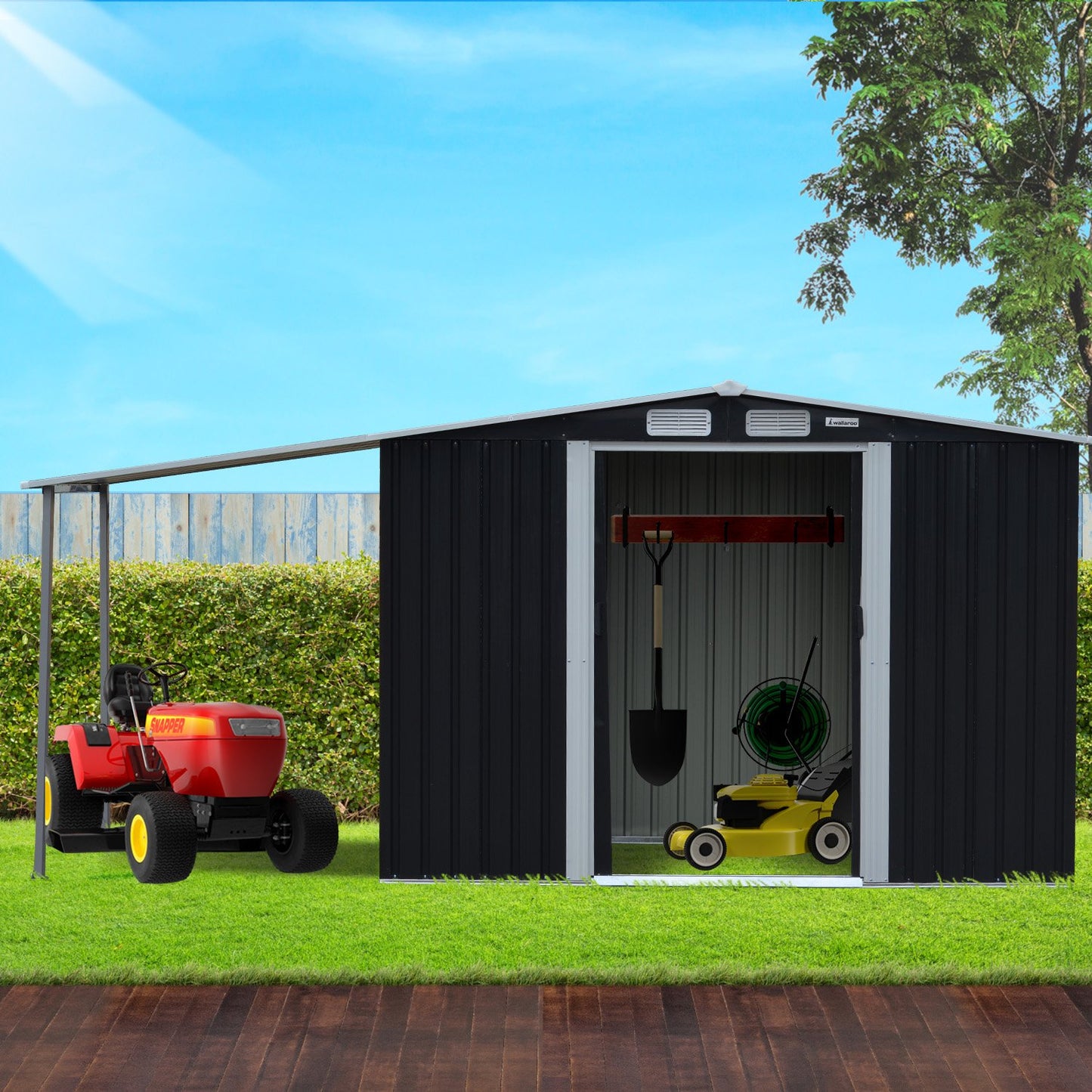 Wallaroo 6x8ft Zinc Steel Garden Shed with Open Storage - Black