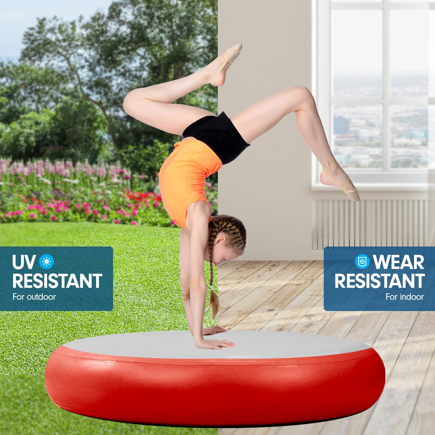 Powertrain 1m Airtrack Spot Round Inflatable Gymnastics Tumbling Mat with Pump - Red