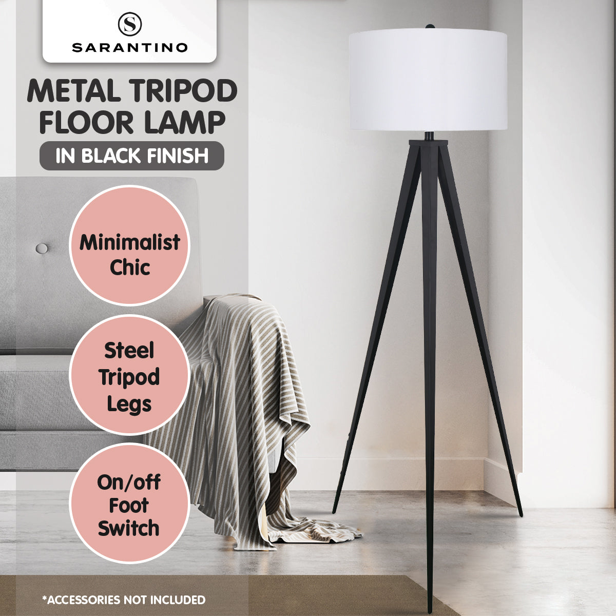 Sarantino Minimalist Modern Tripod Floor Lamp Black