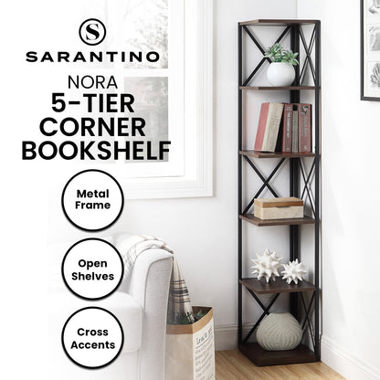 Sarantino Nora 5-Tier Corner Bookshelf - Walnut/Black