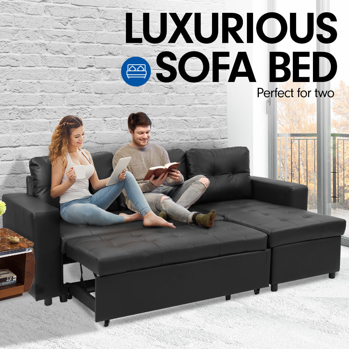 Sarantino Corner Sofa Bed Storage Chaise Couch Faux Leather Black