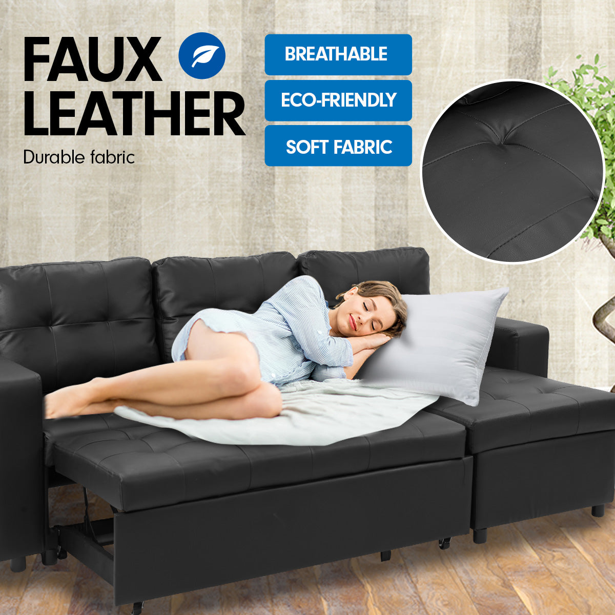 Sarantino Corner Sofa Bed Storage Chaise Couch Faux Leather Black