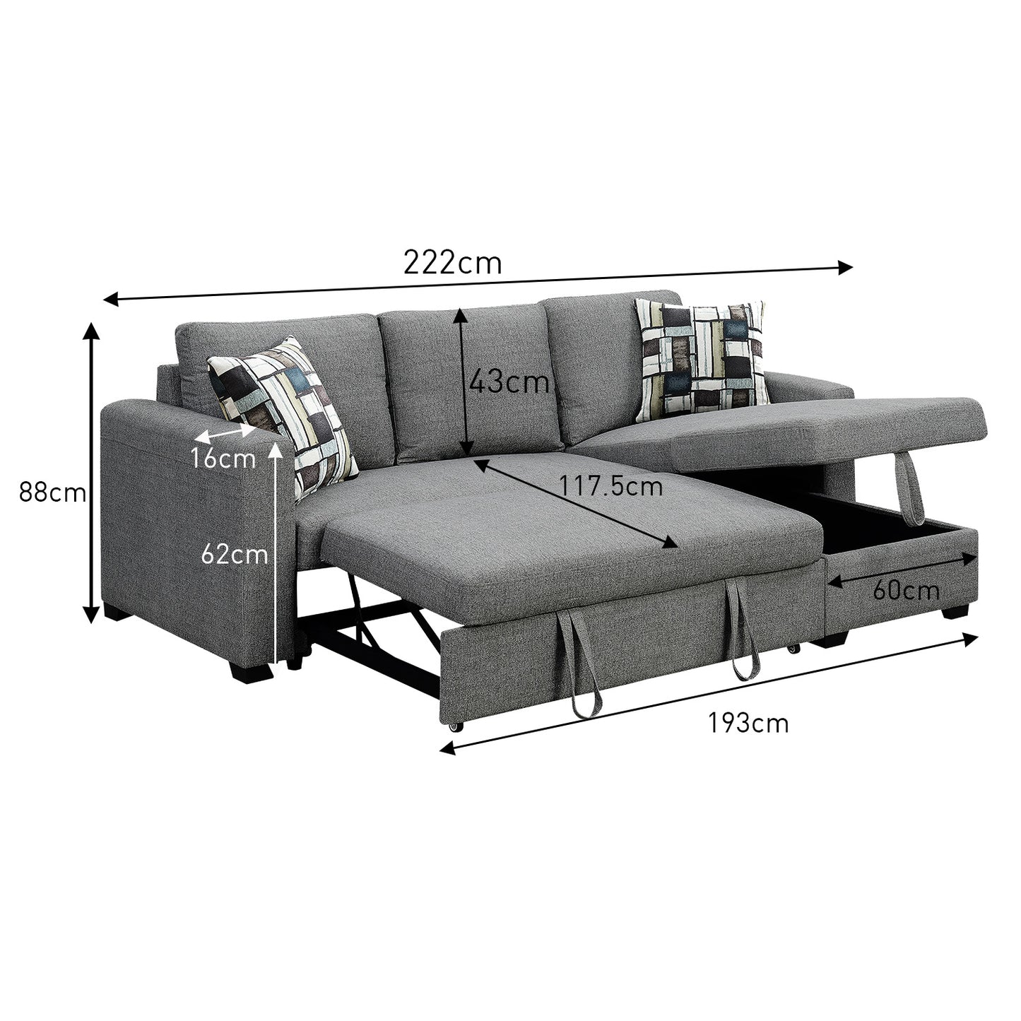 Fontana Pullout Sofa Bed with Storage Chaise Lounge Sarantino - Grey