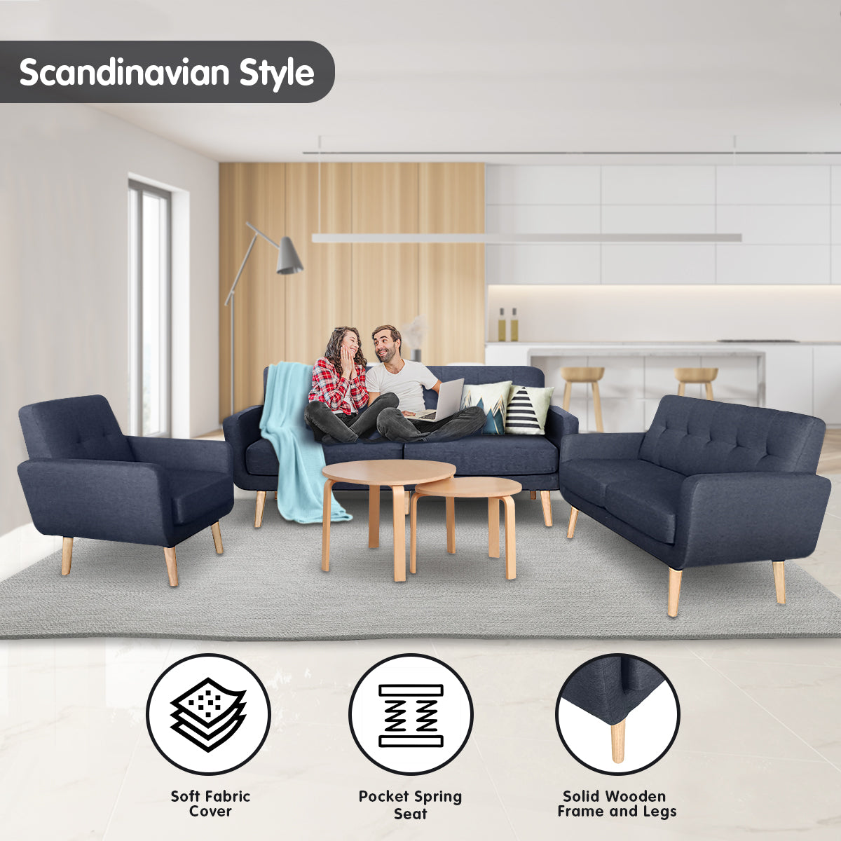 Sarantino 6-Seater Linen Sofa Set Couch Futon - Dark Grey