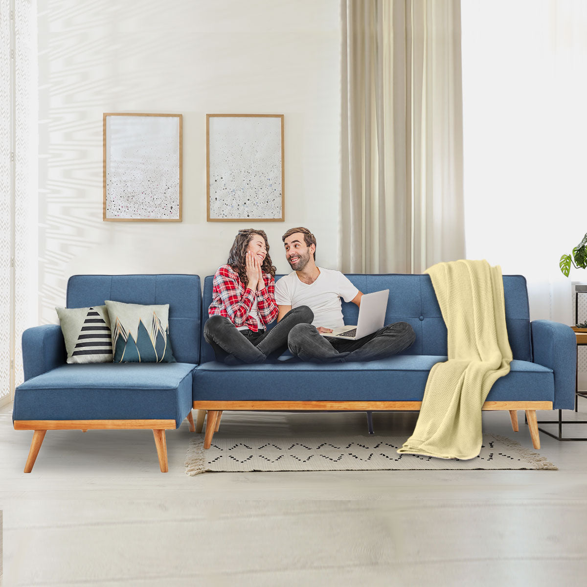 Sarantino 3-Seater Corner Sofa Bed with Chaise Lounge - Blue