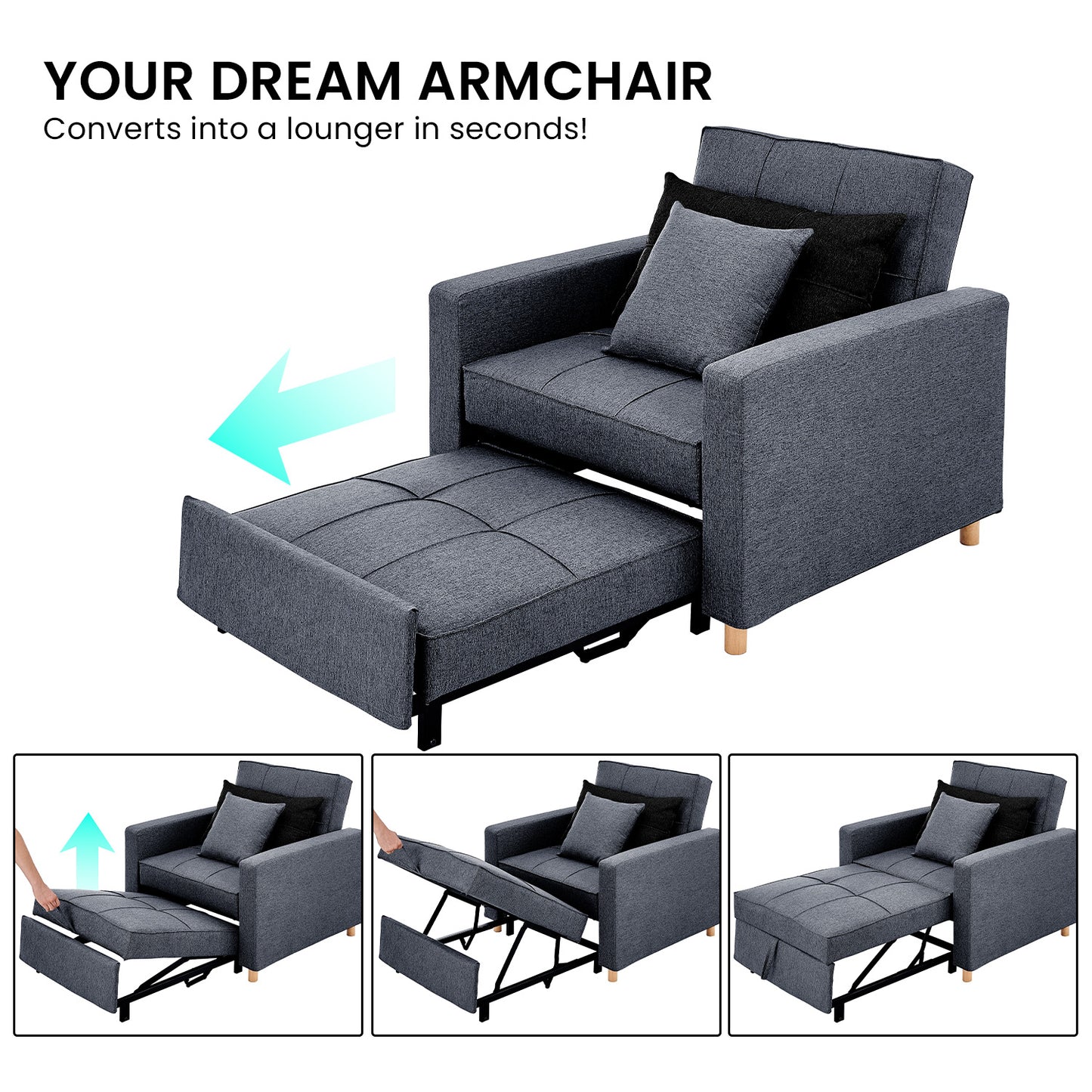 Suri 3-in-1 Convertible Lounge Chair Bed by Sarantino - Blue