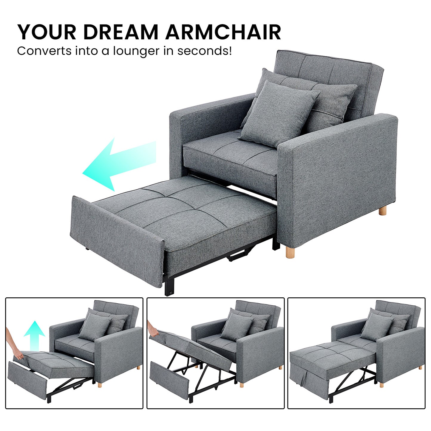 Suri 3-in-1 Convertible Sofa Chair Bed by Sarantino - Grey