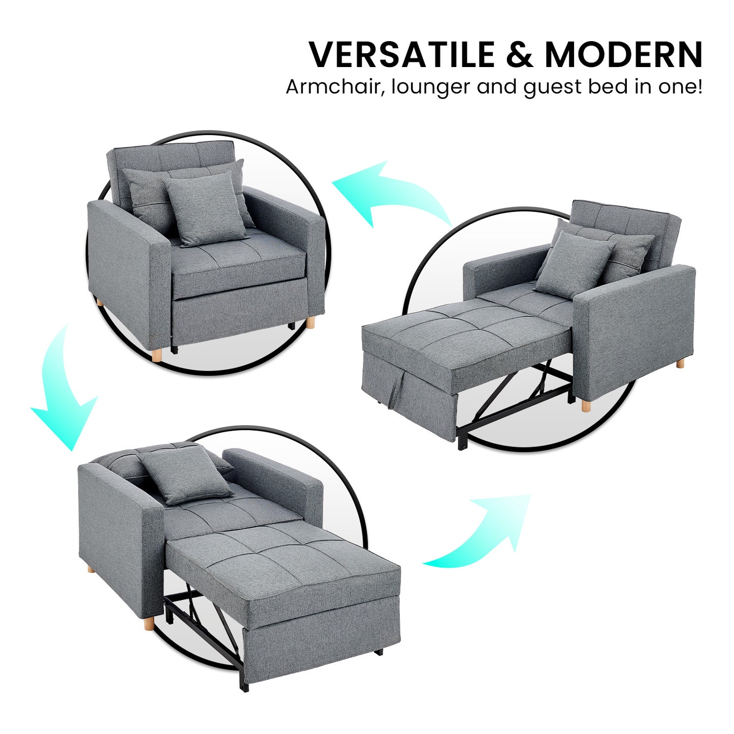 Suri 3-in-1 Convertible Sofa Chair Bed by Sarantino - Grey