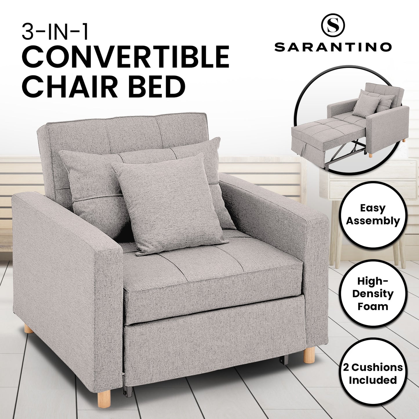 Suri 3-in-1 Convertible Sofa Chair Bed by Sarantino - Khaki