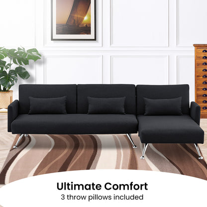 Mia 3-Seater Sofa Bed with Chaise & 3 Pillows by Sarantino - Black