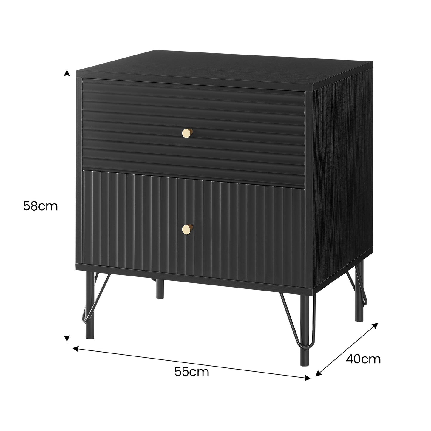 Sarantino Diego Bedside Table Night Stand with 2 Drawers - Black