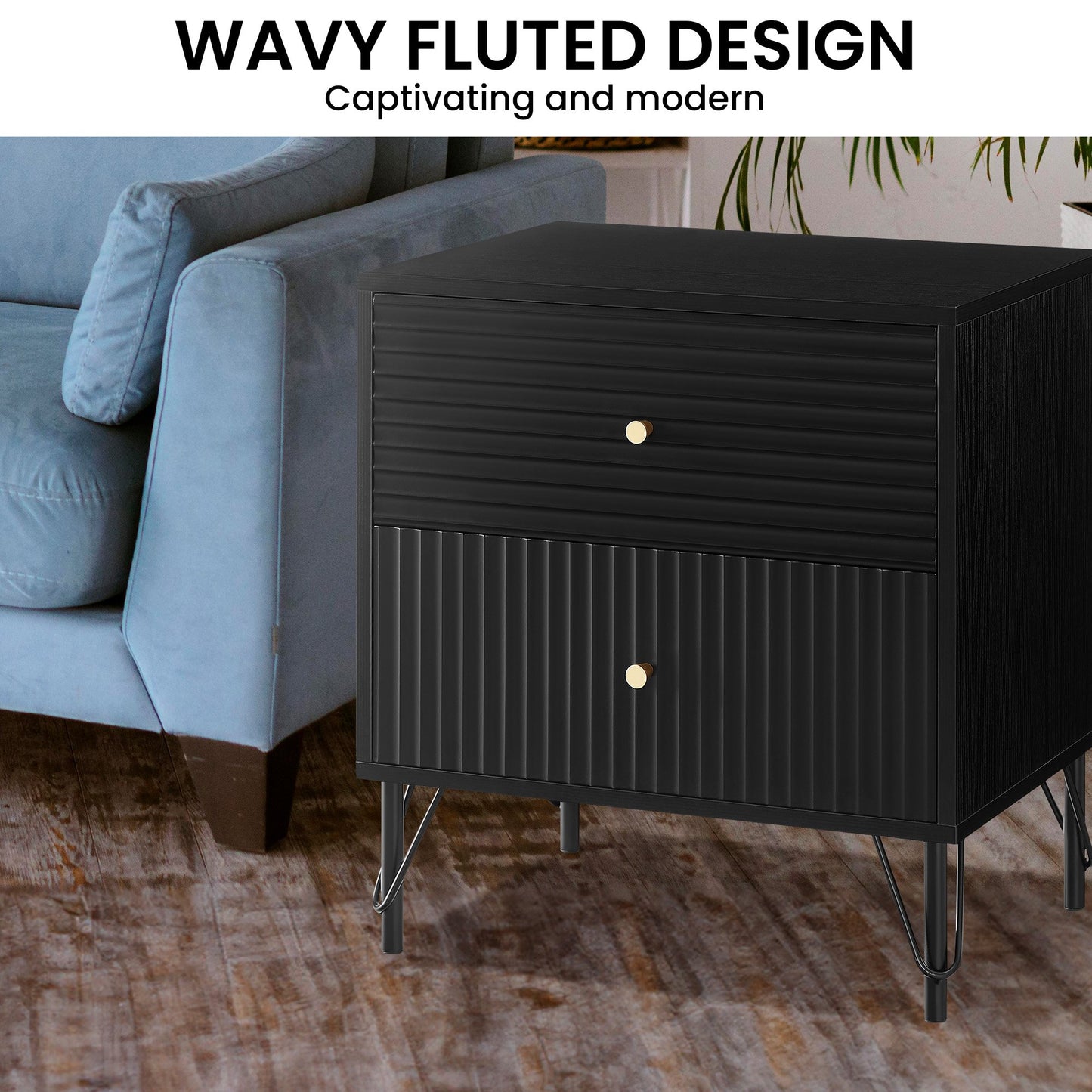 Sarantino Diego Bedside Table Night Stand with 2 Drawers - Black