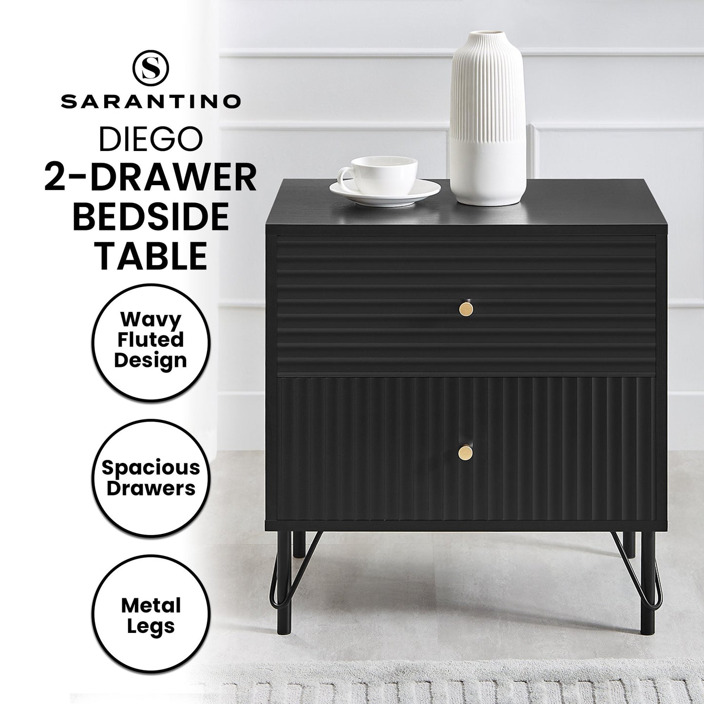 Sarantino Diego Bedside Table Night Stand with 2 Drawers - Black