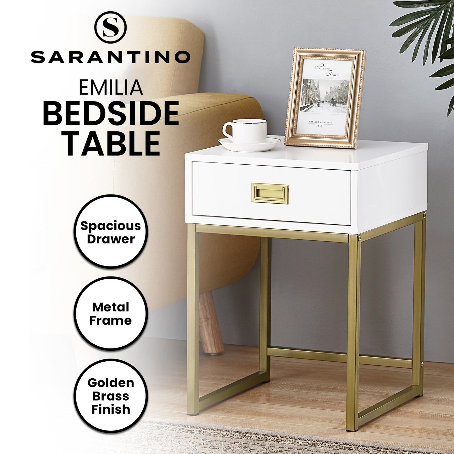 Sarantino Emilia Bedside Table Night Stand - White/Gold